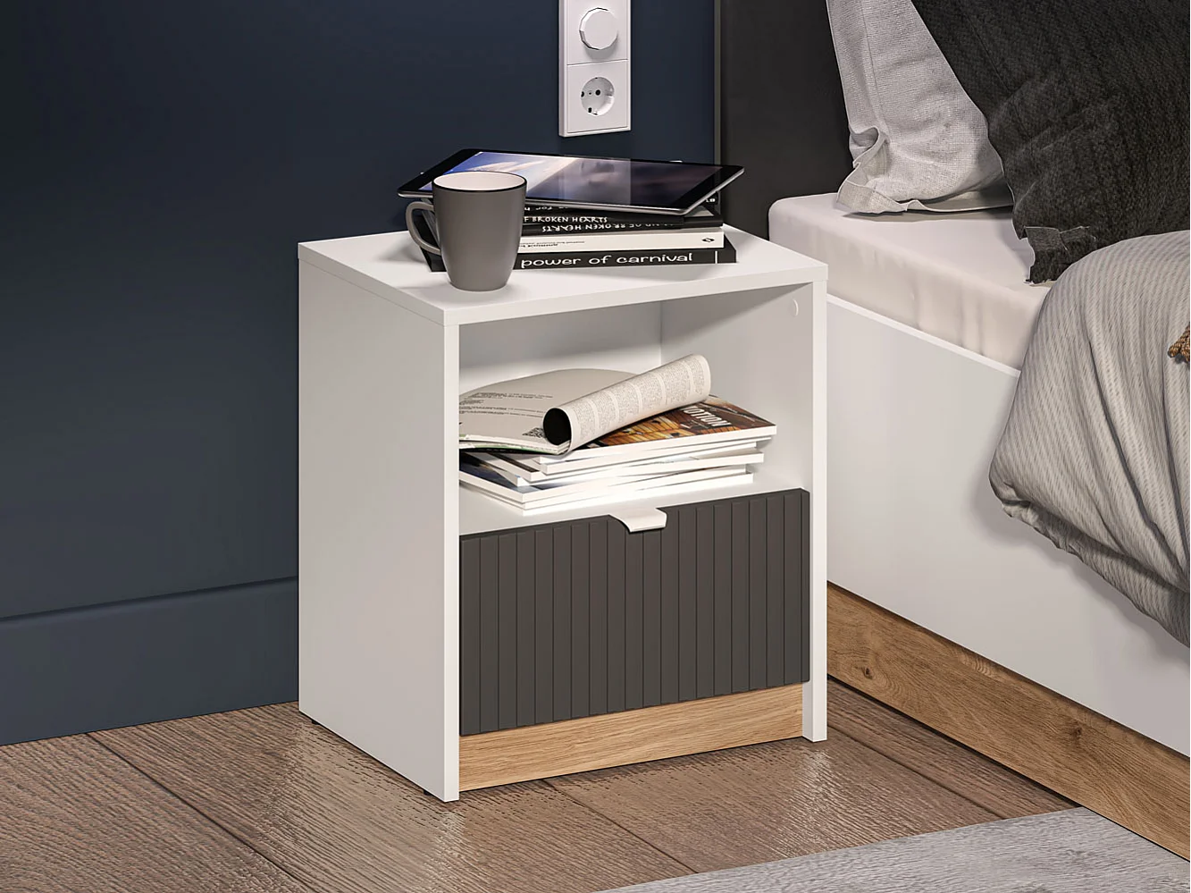 NACHTKONSOLE Torino Weiß / Eiche Castello / Graphit 43 / 34 / 48cm (2er-Set)