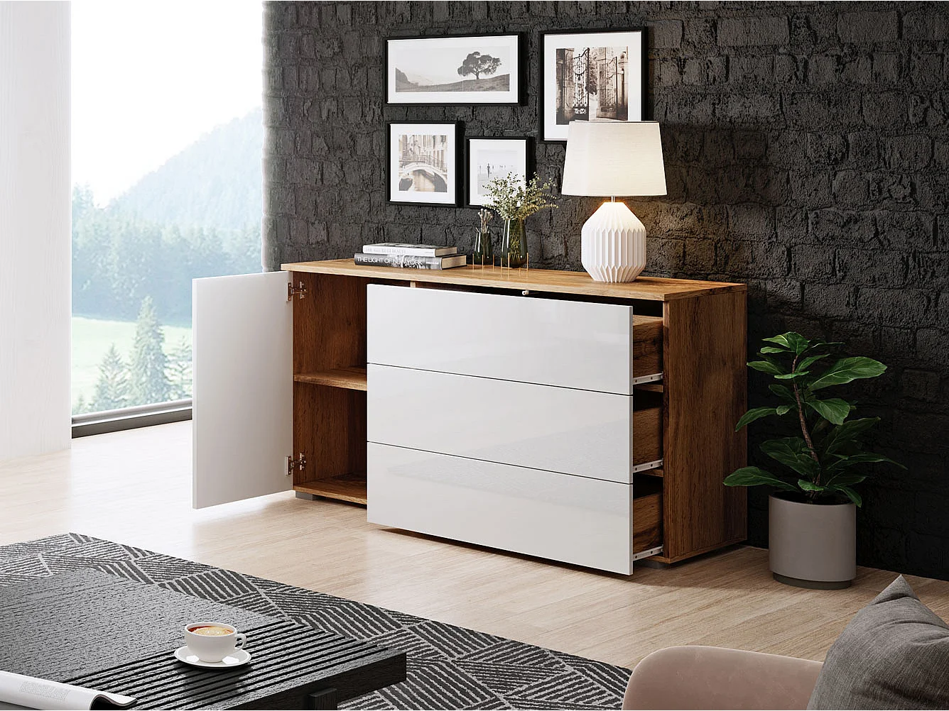 KOMMODE Parma Eiche Wotan / weiß Hochglanz 110 / 39 / 68cm