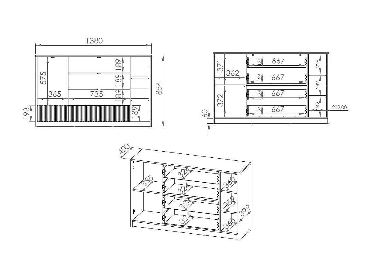 KOMMODE Torino Weiß / Eiche Castello / Graphit 138 / 40 / 86cm