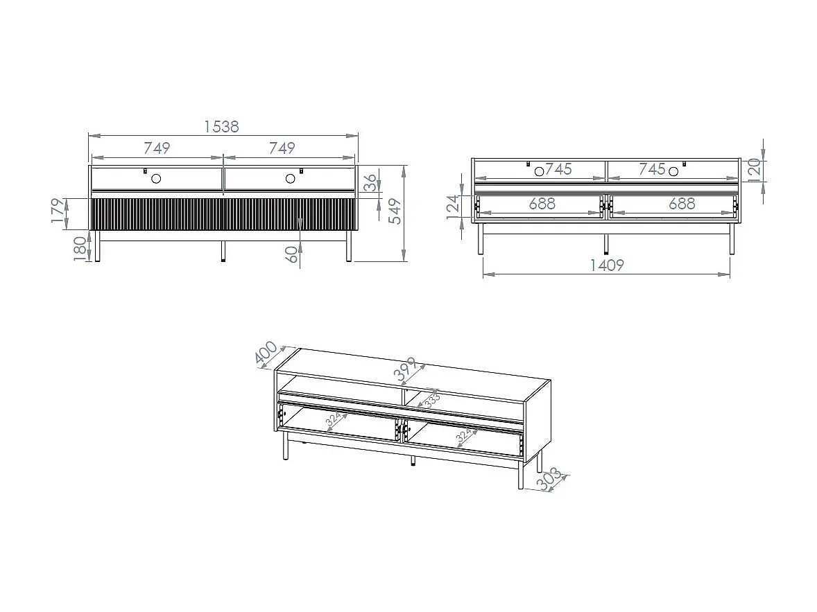LOWBOARD Dunea Cashmere / Eiche Cremona Torro 154 / 40 / 55cm