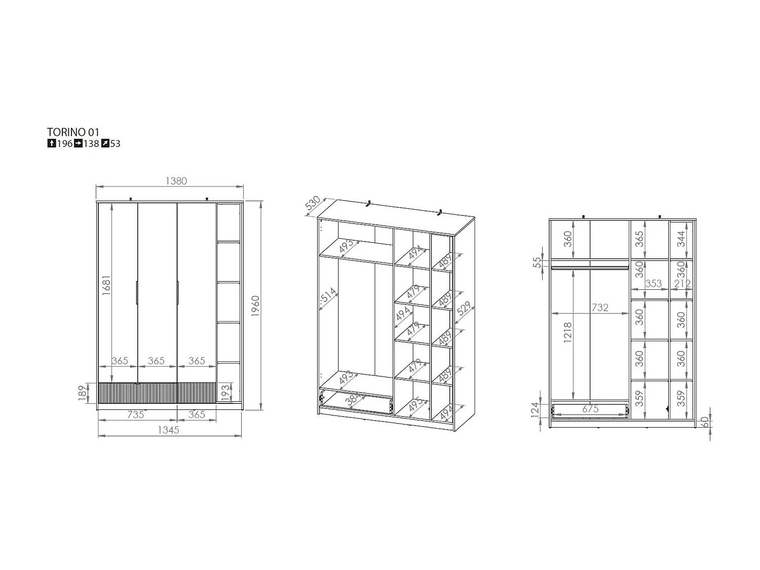 KLEIDERSCHRANK Torino Weiß / Eiche Castello / Graphit 138 / 53 / 196cm