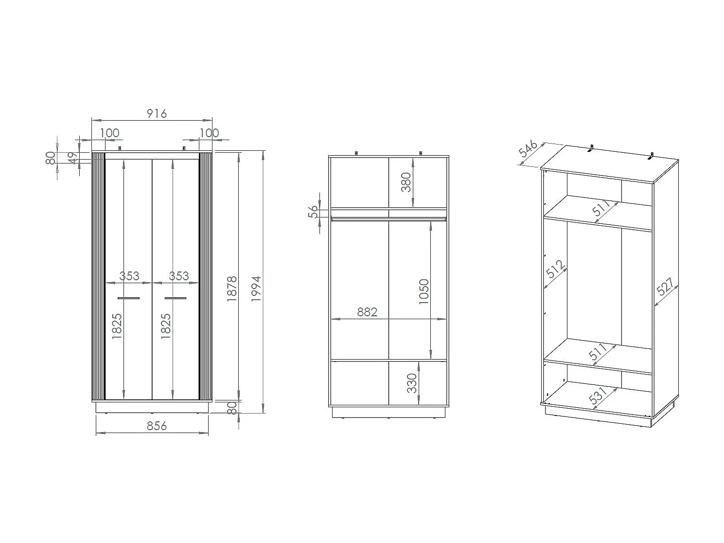 KLEIDERSCHRANK Urso Gold Craft Eiche / Schwarz 92 / 55 / 200cm