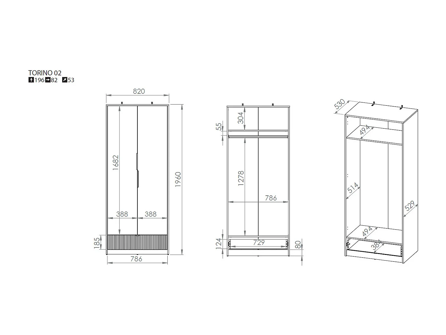 KLEIDERSCHRANK Torino Weiß / Eiche Castello / Graphit 82 / 53 / 196cm
