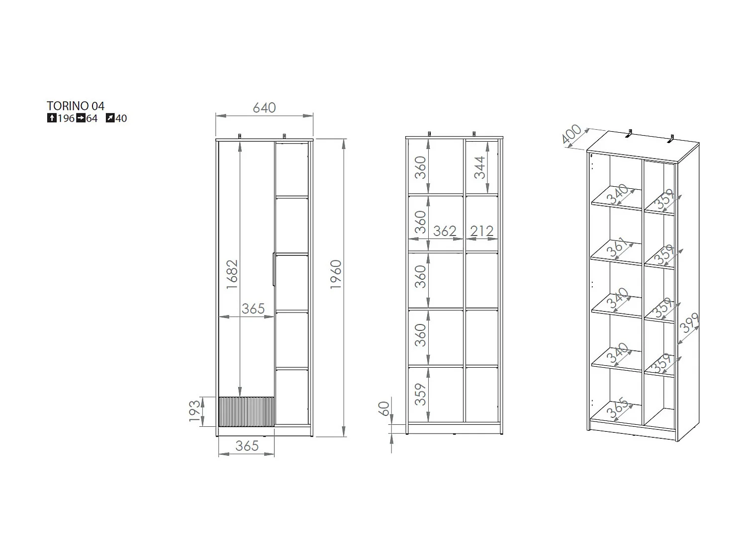 KLEIDERSCHRANK Torino Weiß / Eiche Castello / Graphit 64 / 40 / 196cm