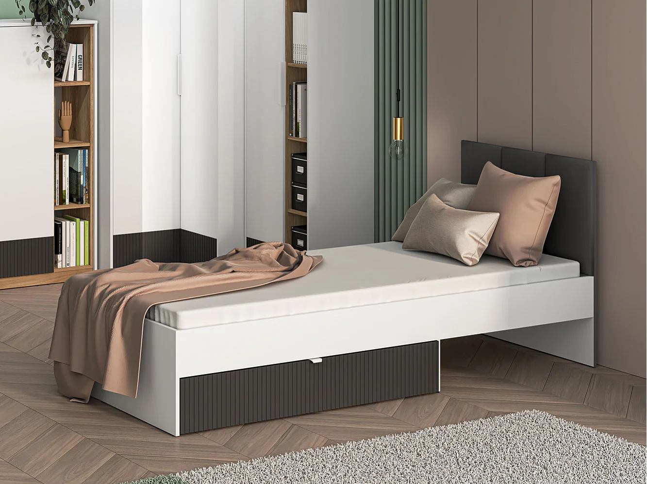 BETT Torino Weiß / Eiche Castello / Graphit 94 / 207 / 90cm