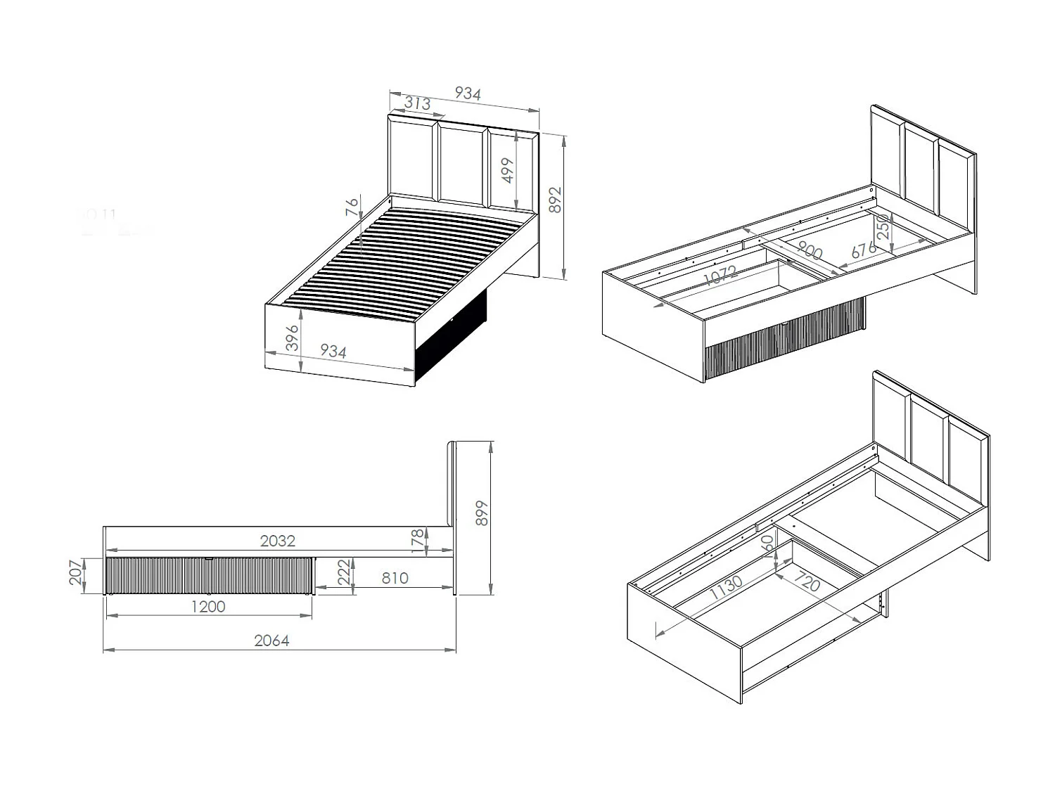 BETT Torino Weiß / Eiche Castello / Graphit 94 / 207 / 90cm