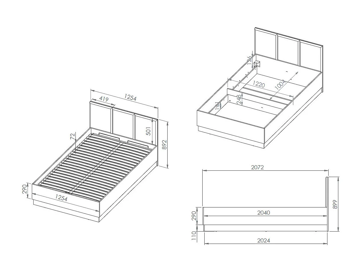 BETT Torino Weiß / Eiche Castello / Graphit 126 / 208 / 90 cm