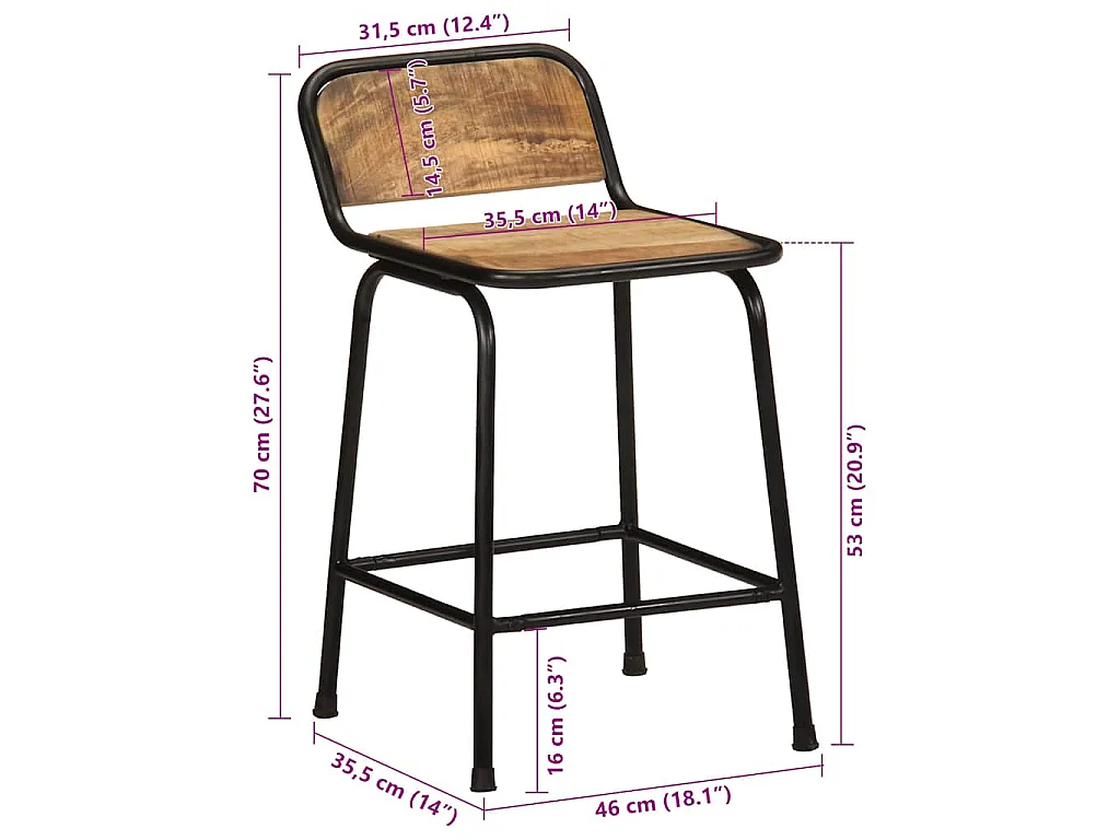 Tabourets de bar lot de 4 bois massif manguier brut