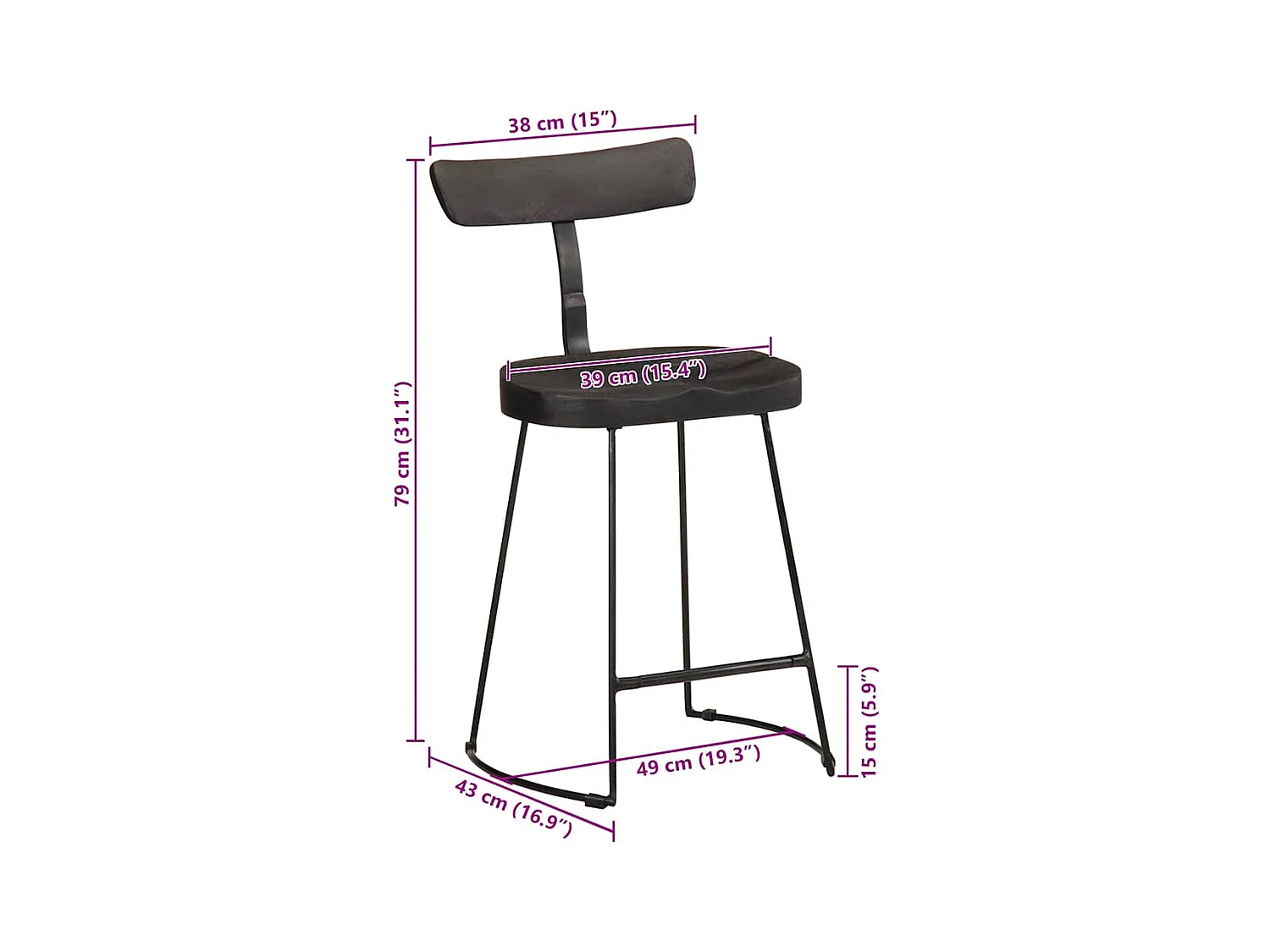 Barhocker 2 Stk. Schwarz 49x43x79 cm Mango Massivholz
