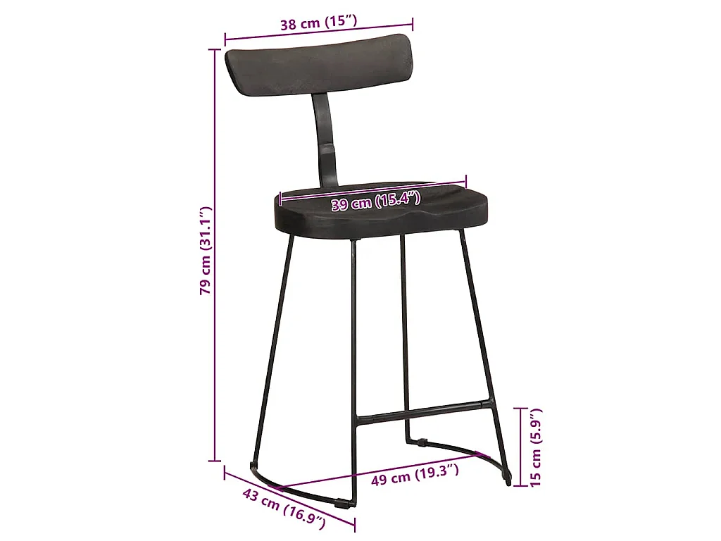 Tabourets de bar lot de 2 noir 49x43x79 cm bois manguier massif