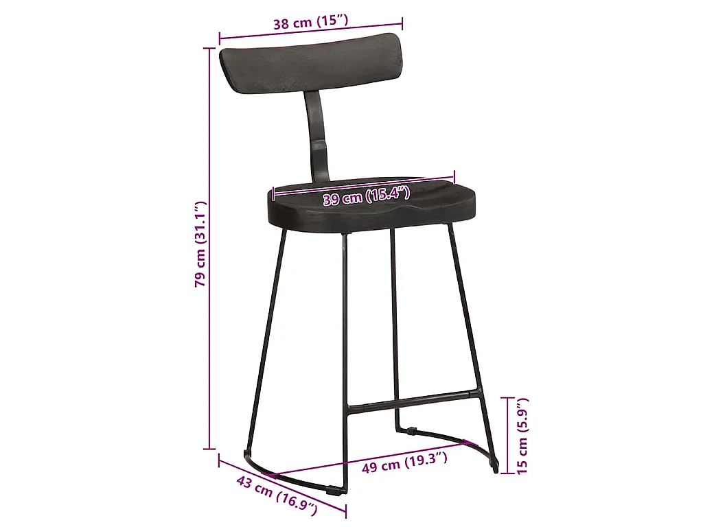 Tabourets de bar lot de 2 noir 49x43x79 cm bois manguier massif