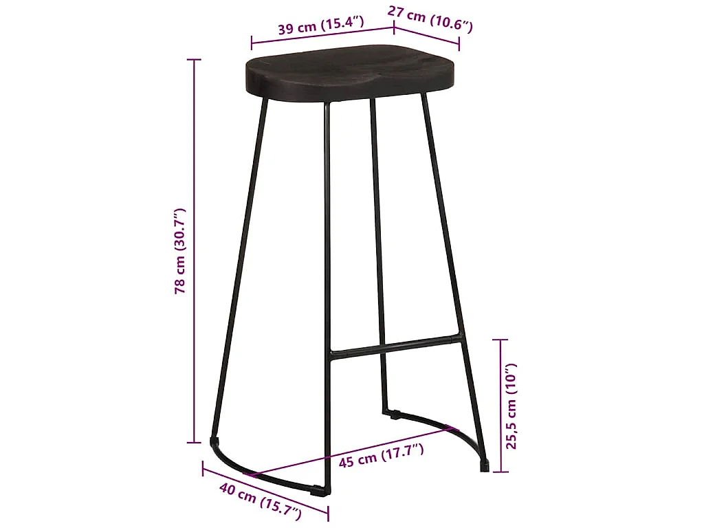 Tabourets de bar lot de 2 noir 45x40x78 cm bois manguier massif