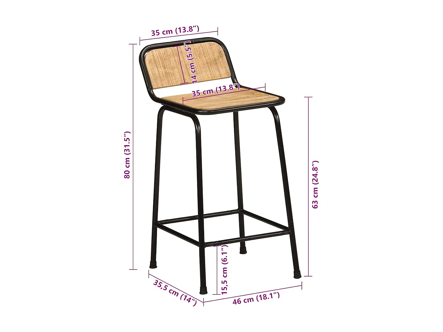 Tabourets de bar lot de 4 bois massif manguier brut