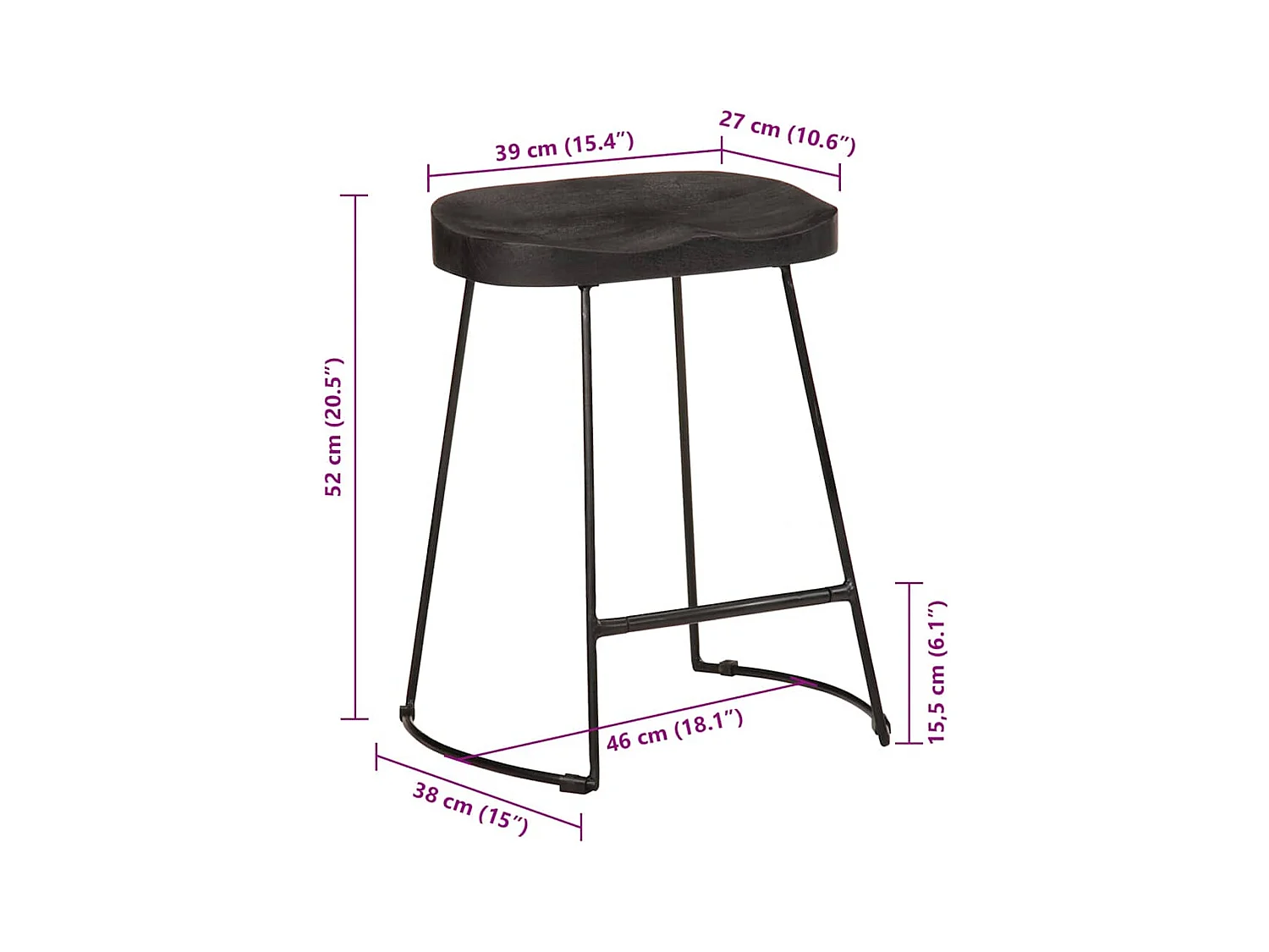 Barhocker 2 Stk. Schwarz 46x38x52 cm Mango Massivholz