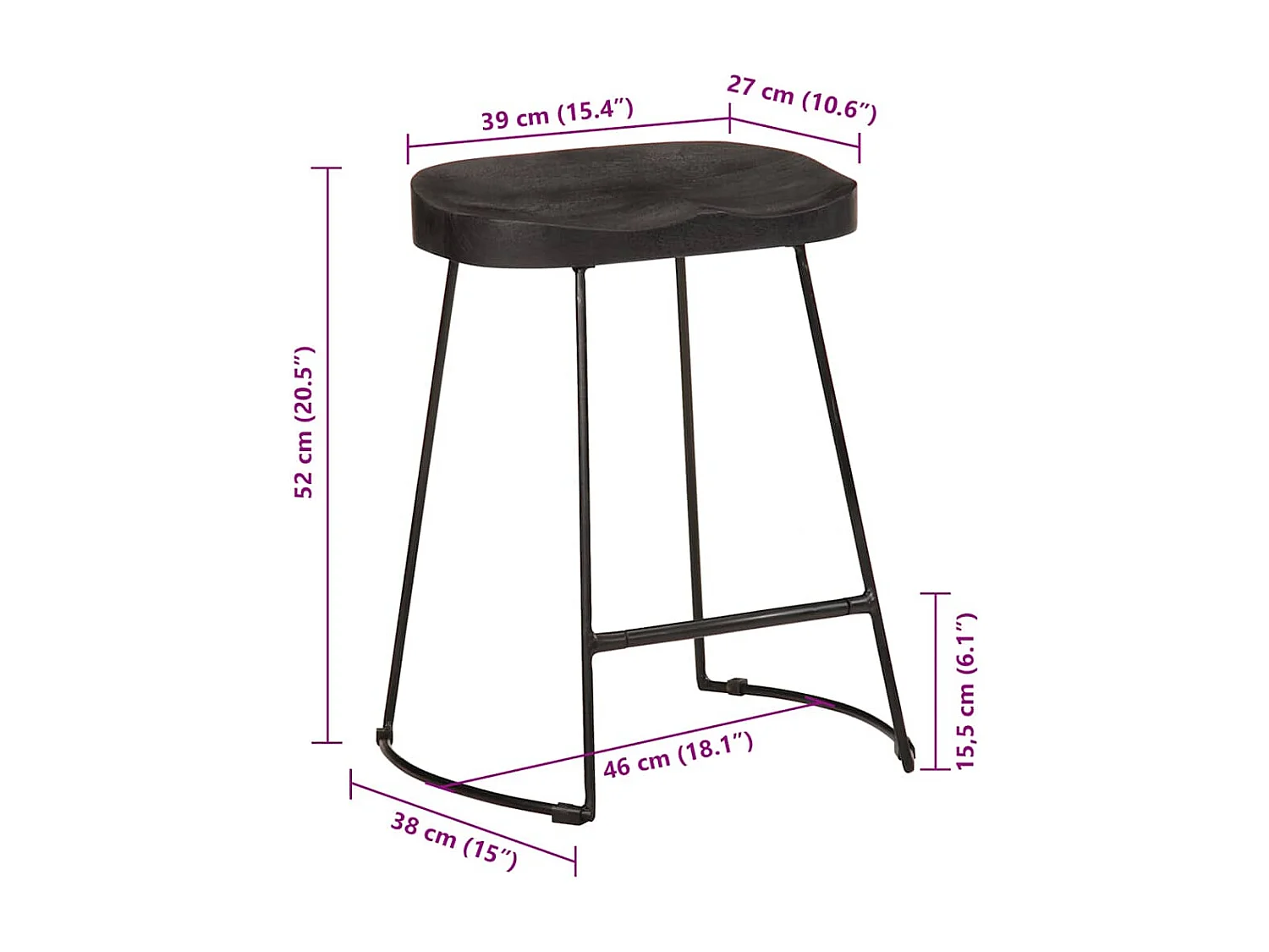 Barhocker 2 Stk. Schwarz 46x38x52 cm Mango Massivholz