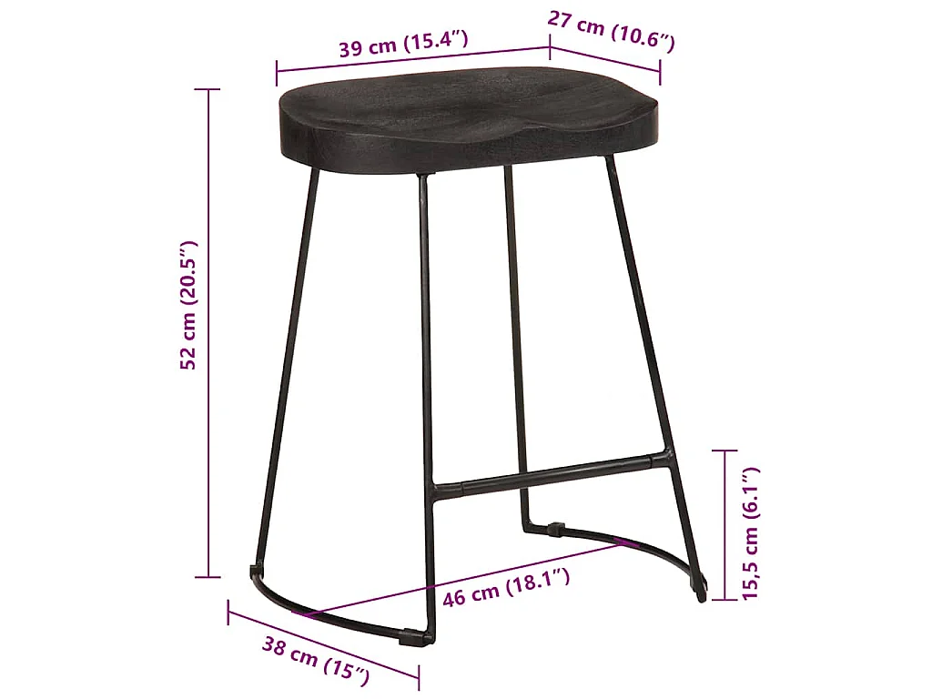 Tabourets de bar lot de 2 noir 46x38x52 cm bois manguier massif