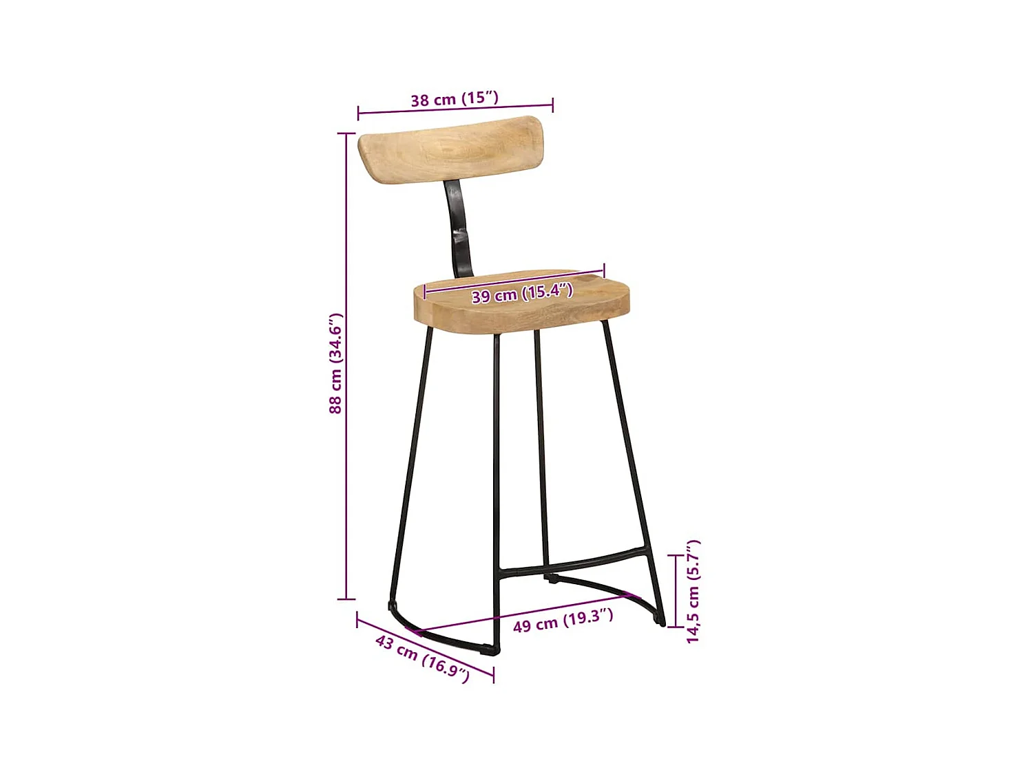 Tabourets de bar lot de 2 49x43x88 cm bois de manguier massif