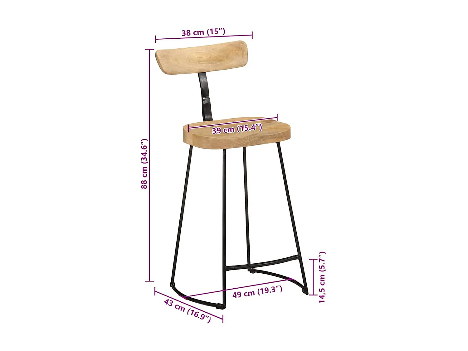 Tabourets de bar lot de 2 49x43x88 cm bois de manguier massif