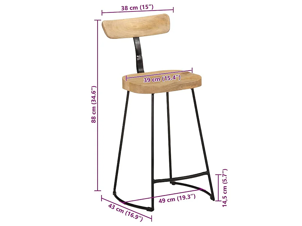 Tabourets de bar lot de 2 49x43x88 cm bois de manguier massif
