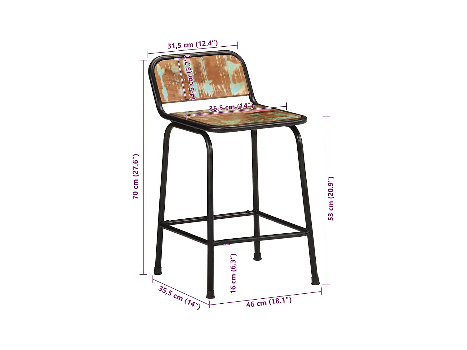 Barhocker 2 Stk. 46x35,5x70 cm Altholz Massivholz