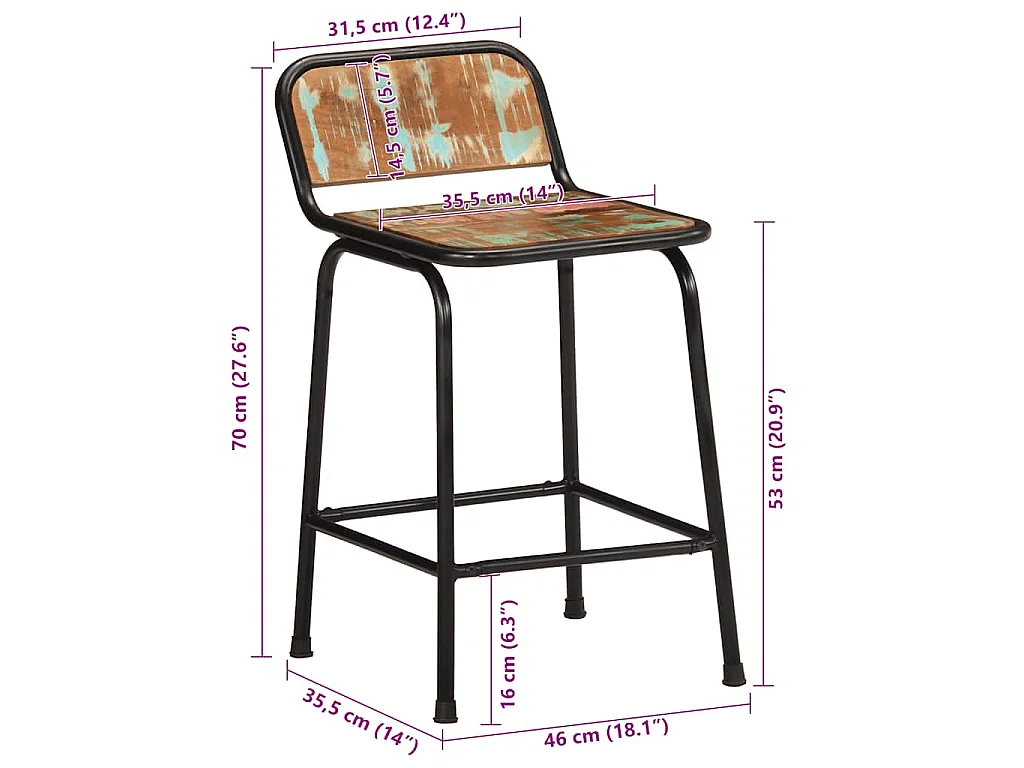 Taburetes de barra 4 uds 46x35,5x70 madera maciza reciclada
