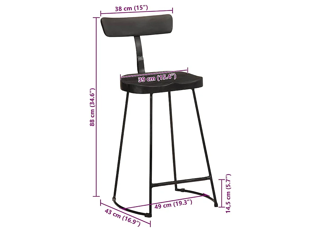Tabourets de bar lot de 2 noir 49x43x88 cm bois manguier massif