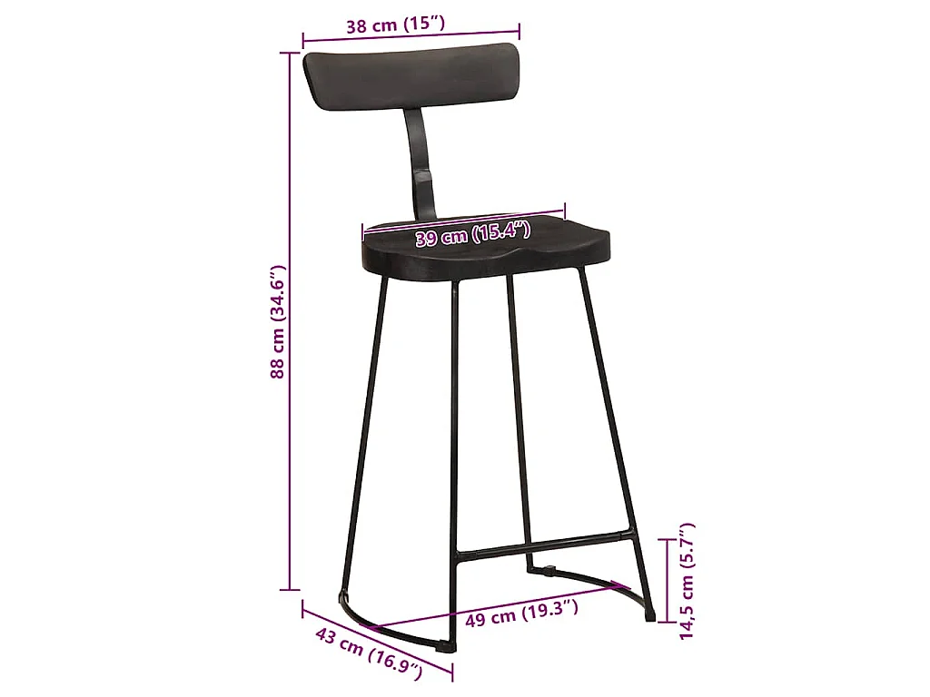 Tabourets de bar lot de 2 noir 49x43x88 cm bois manguier massif