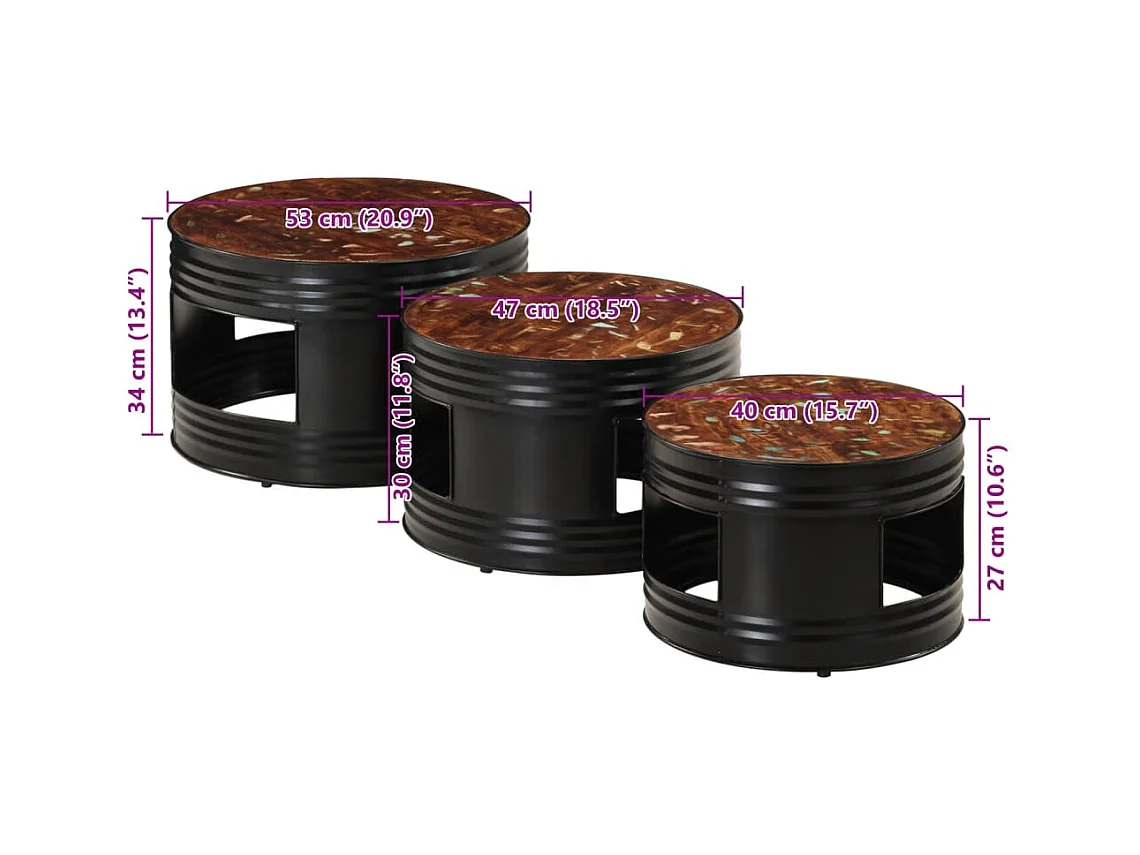 Tables de bar forme tambour 3 pcs bois massif de récupération