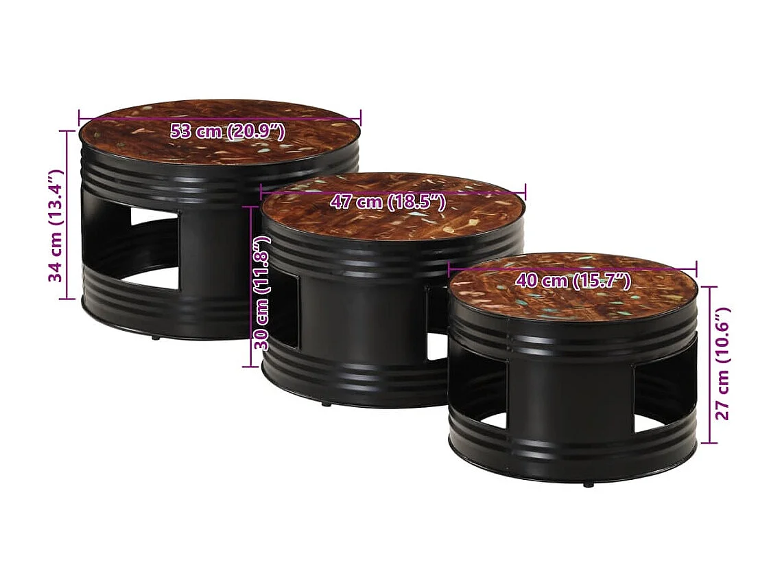 Tables de bar forme tambour 3 pcs bois massif de récupération