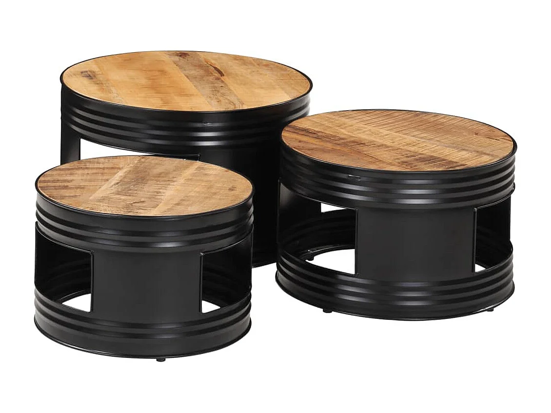 Tables de bar forme tambour 3 pcs bois de manguier massif brut