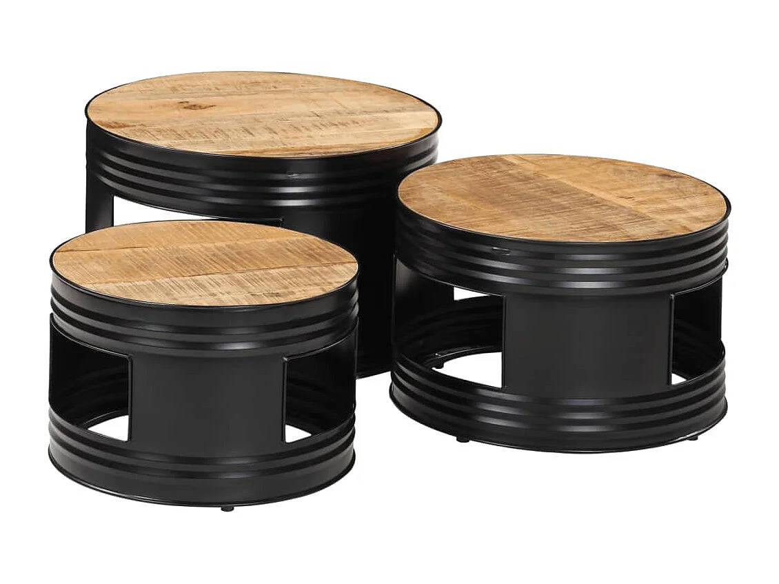 Tables de bar forme tambour 3 pcs bois de manguier massif brut