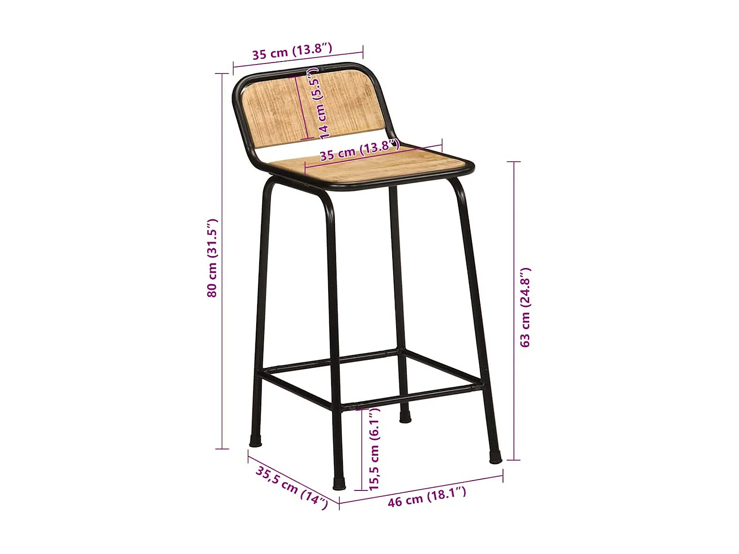 Tabourets de bar lot de 2 bois massif manguier brut