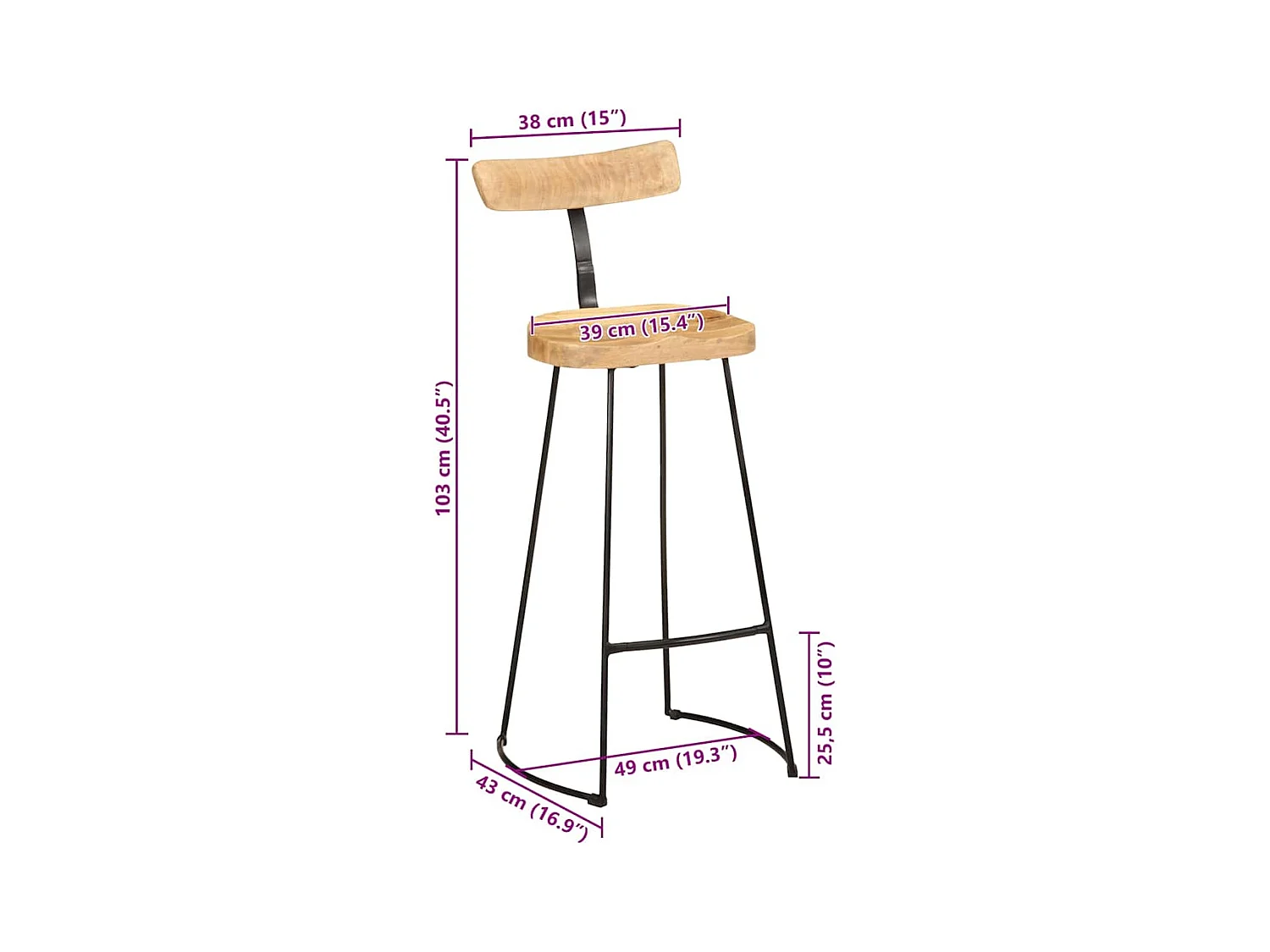 Tabourets de bar lot de 2 49x43x103 cm bois de manguier massif