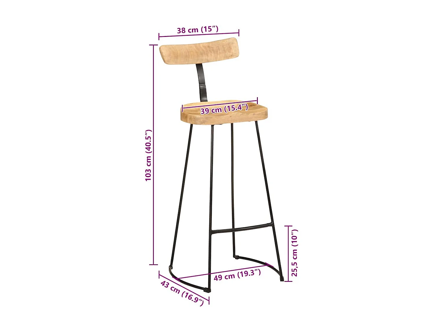 Tabourets de bar lot de 2 49x43x103 cm bois de manguier massif