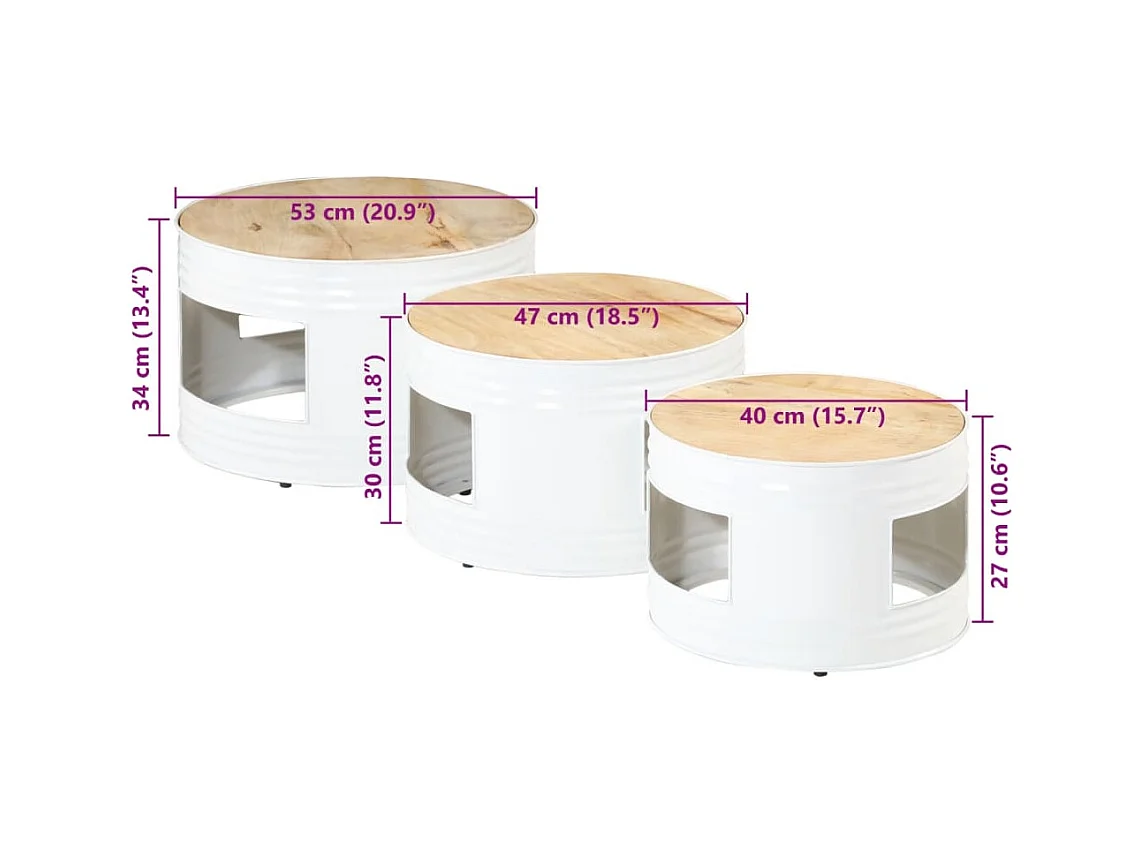 Tables de bar forme tambour 3 pcs bois de manguier massif brut