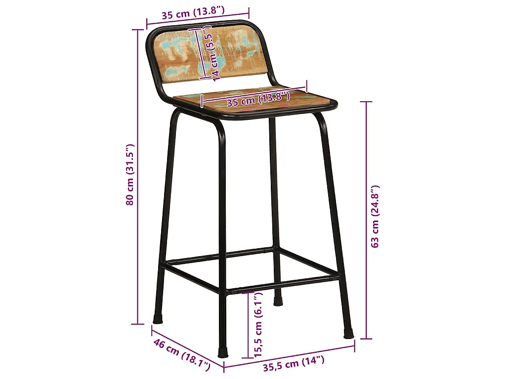 Barkrukken 2 st 46x35,5x80 cm massief gerecycled hout