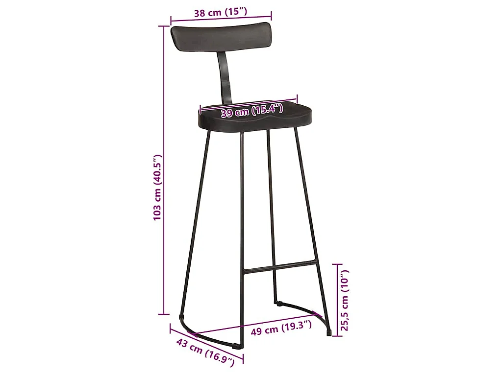 Tabourets de bar lot de 2 noir 49x43x103cm bois manguier massif