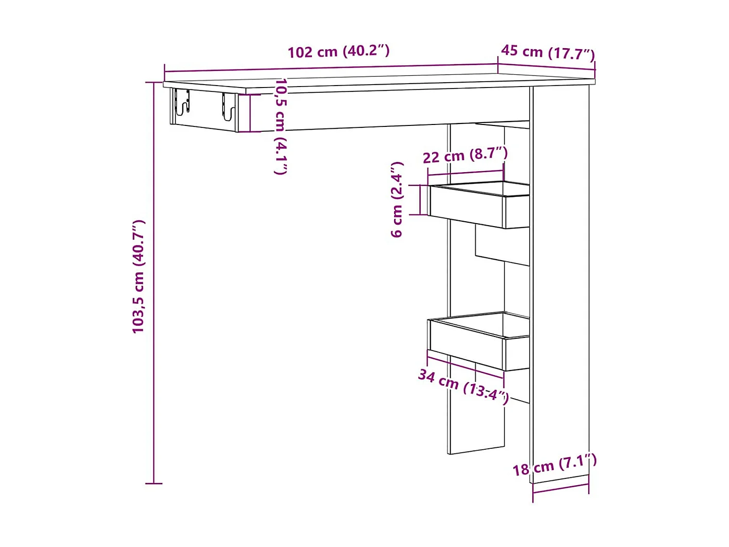 Bartafel wandgemonteerd 102x45x103,5 cm bewerkt hout artisanaal