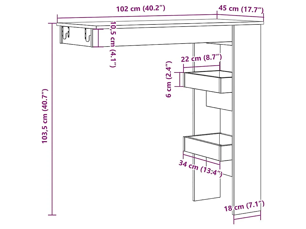 Table de bar murale chêne artisanal bois d'ingénierie