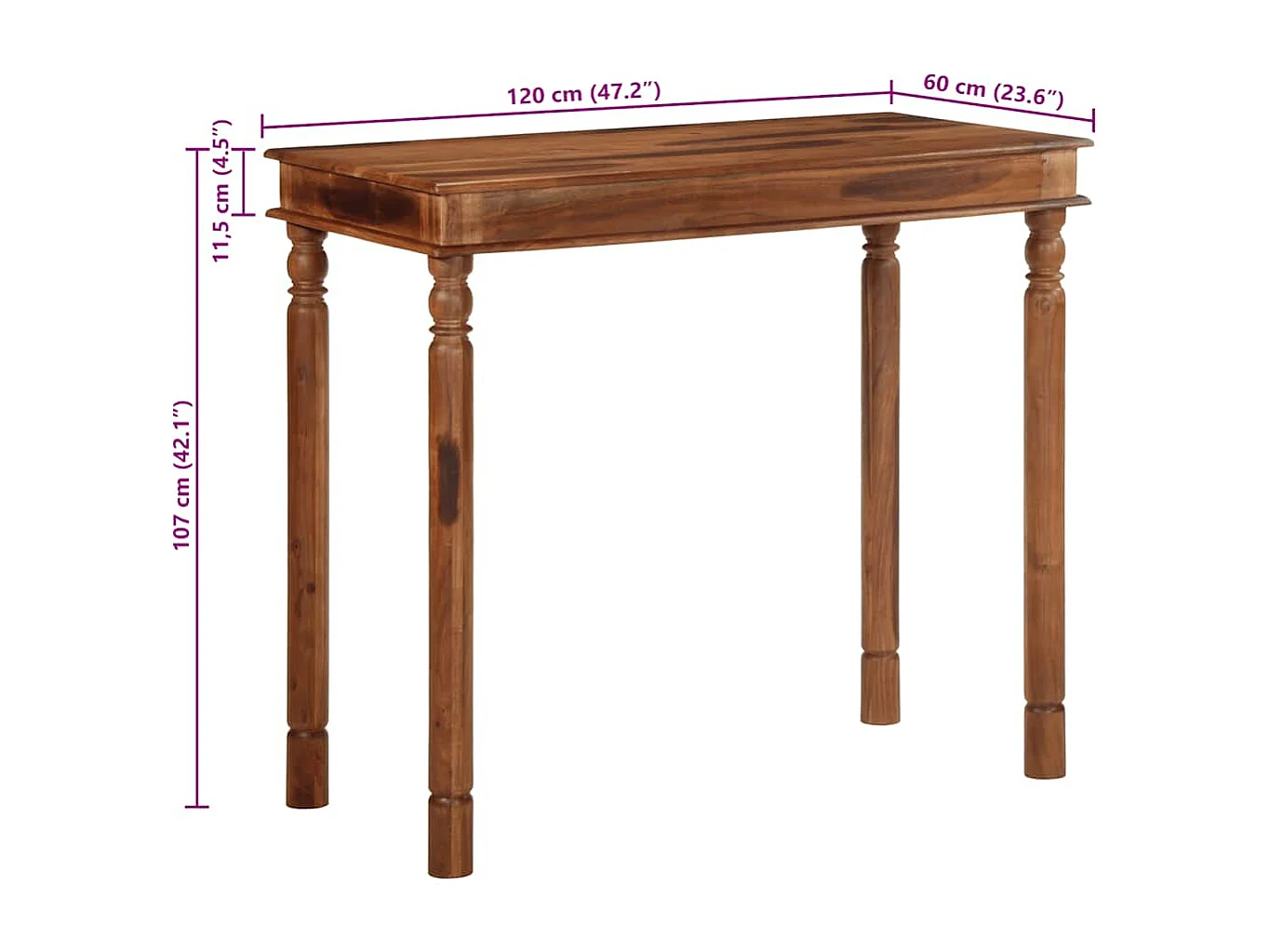 Table de bar 120x60x107 cm bois massif d'acacia