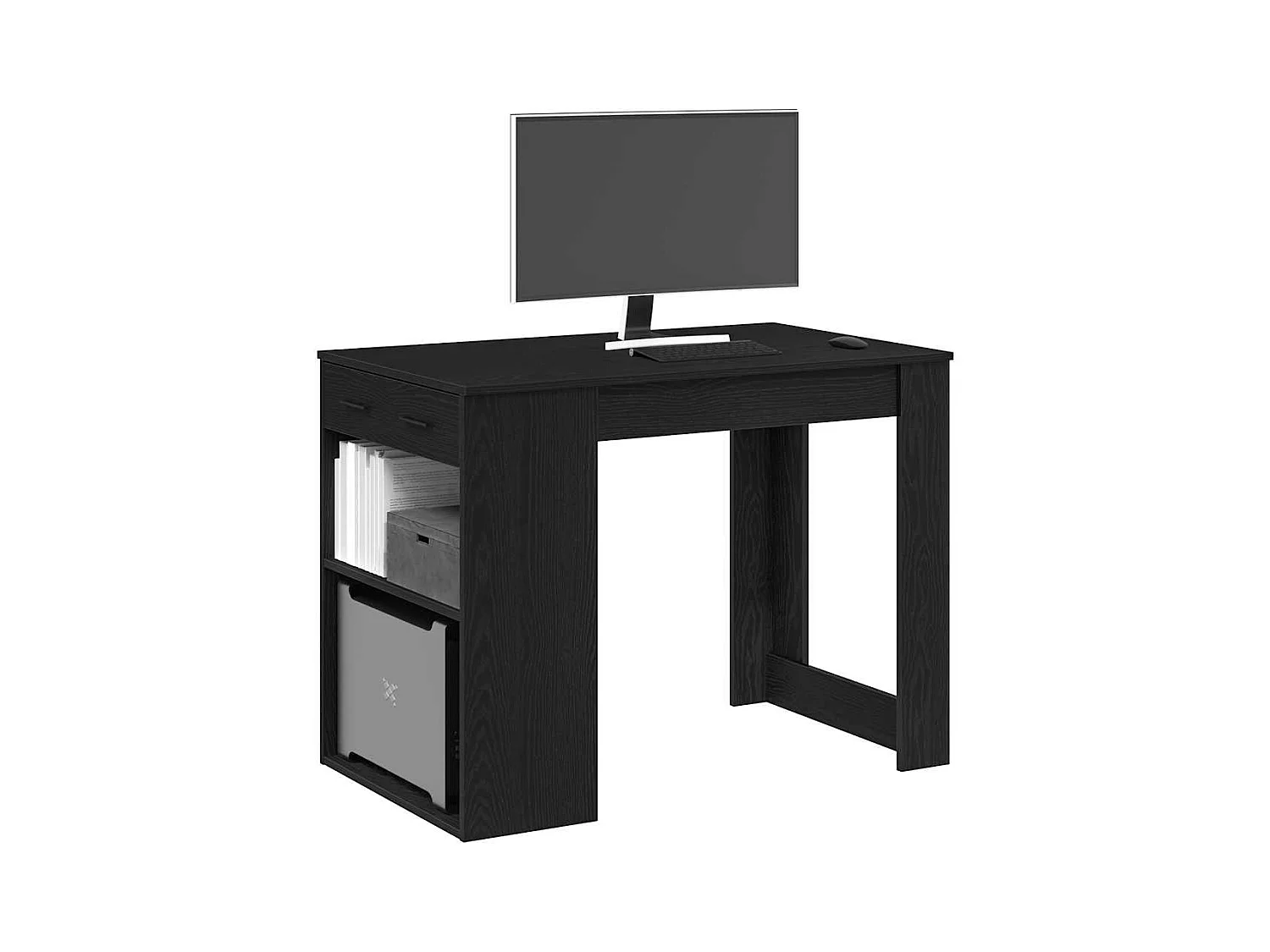 Bureau avec tiroir et étagère chêne noir bois d'ingénierie