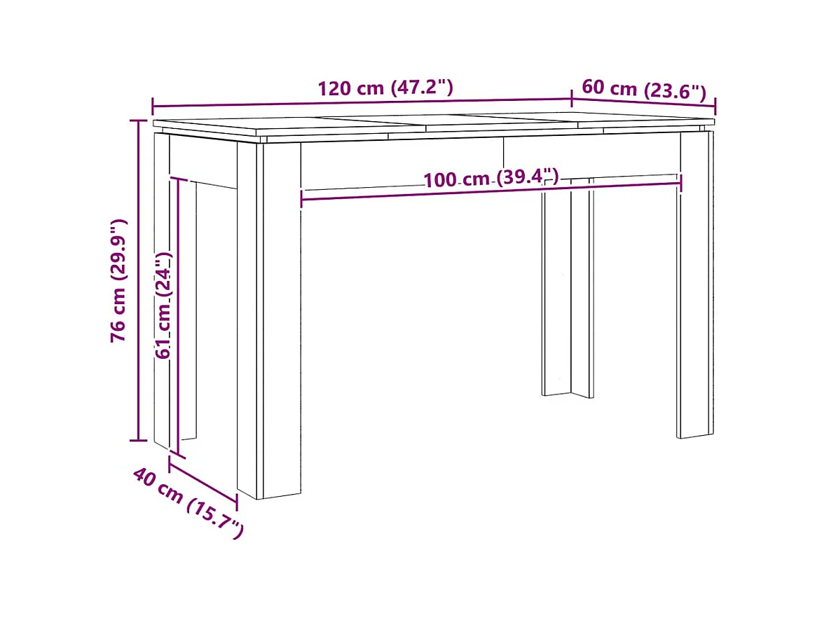 Table à manger chêne artisanal 120x60x76 cm bois d'ingénierie
