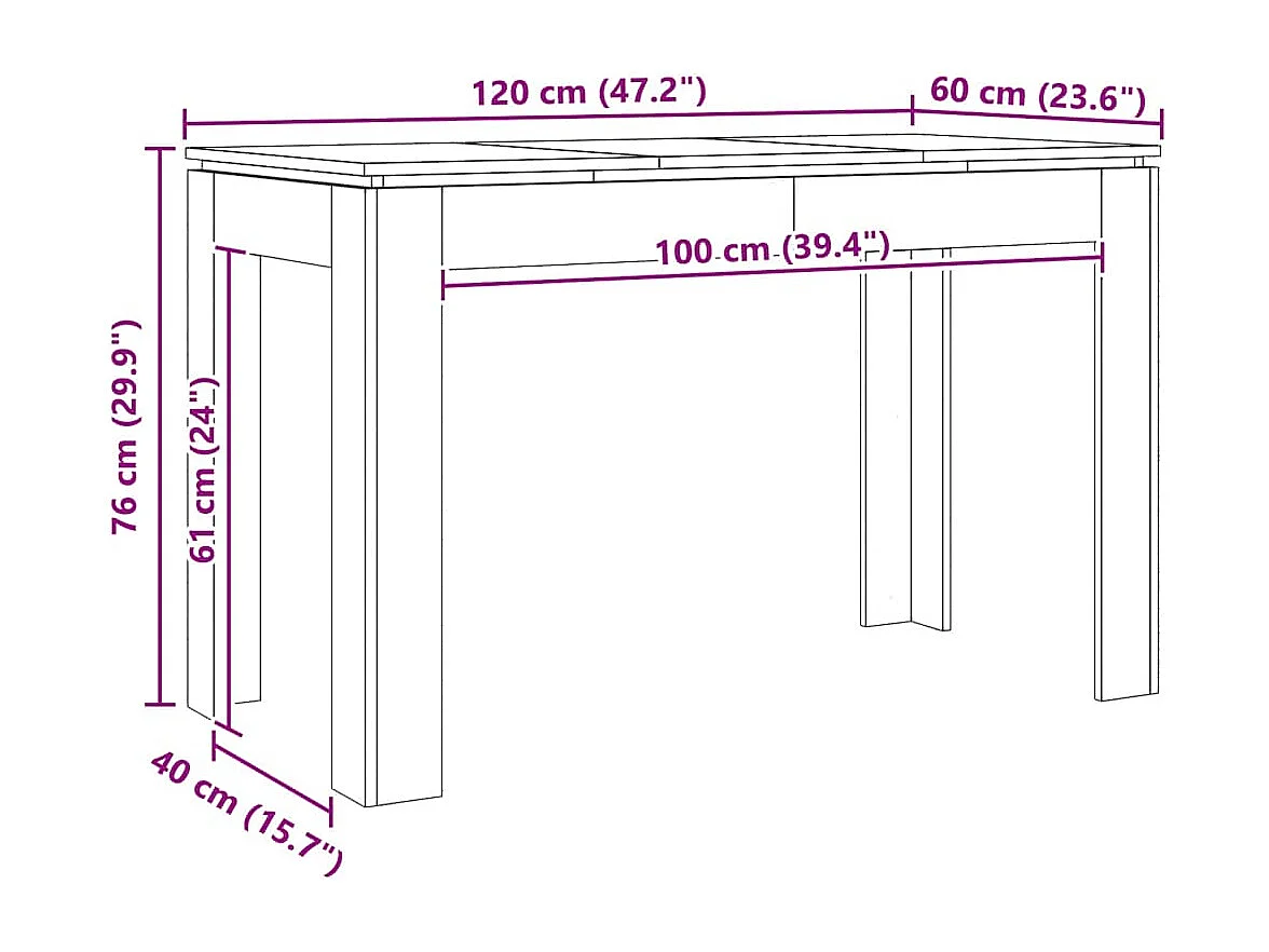 Table à manger chêne artisanal 120x60x76 cm bois d'ingénierie