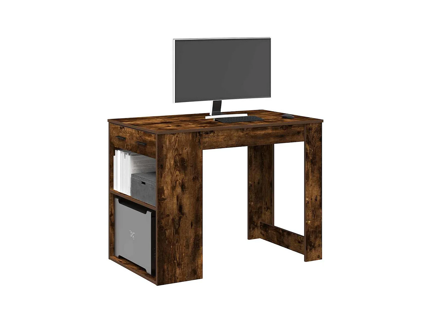 Bureau avec tiroir et étagère chêne fumé bois d'ingénierie