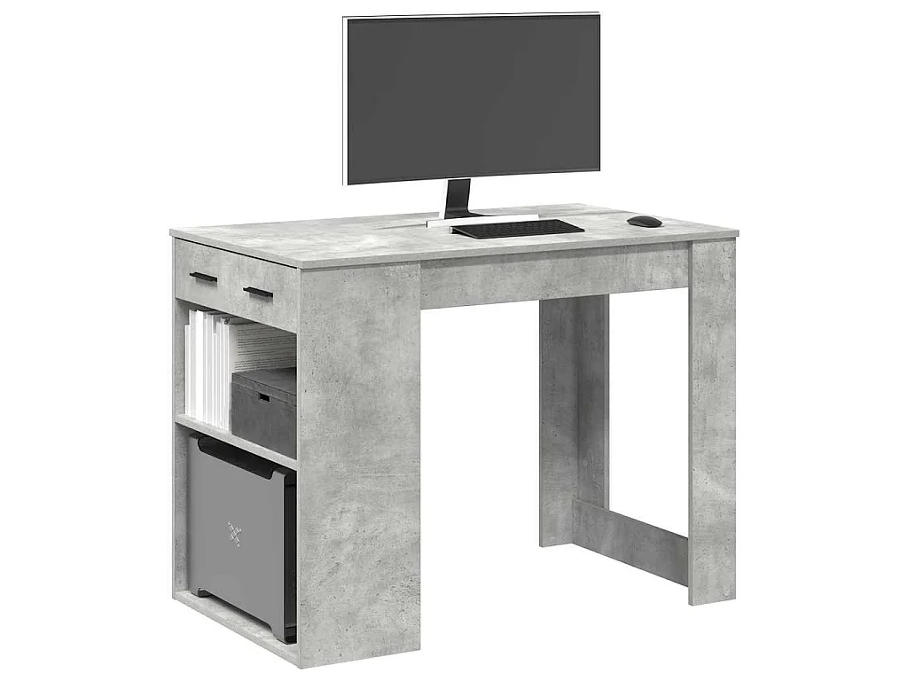 Bureau avec tiroir et étagère gris béton bois d'ingénierie