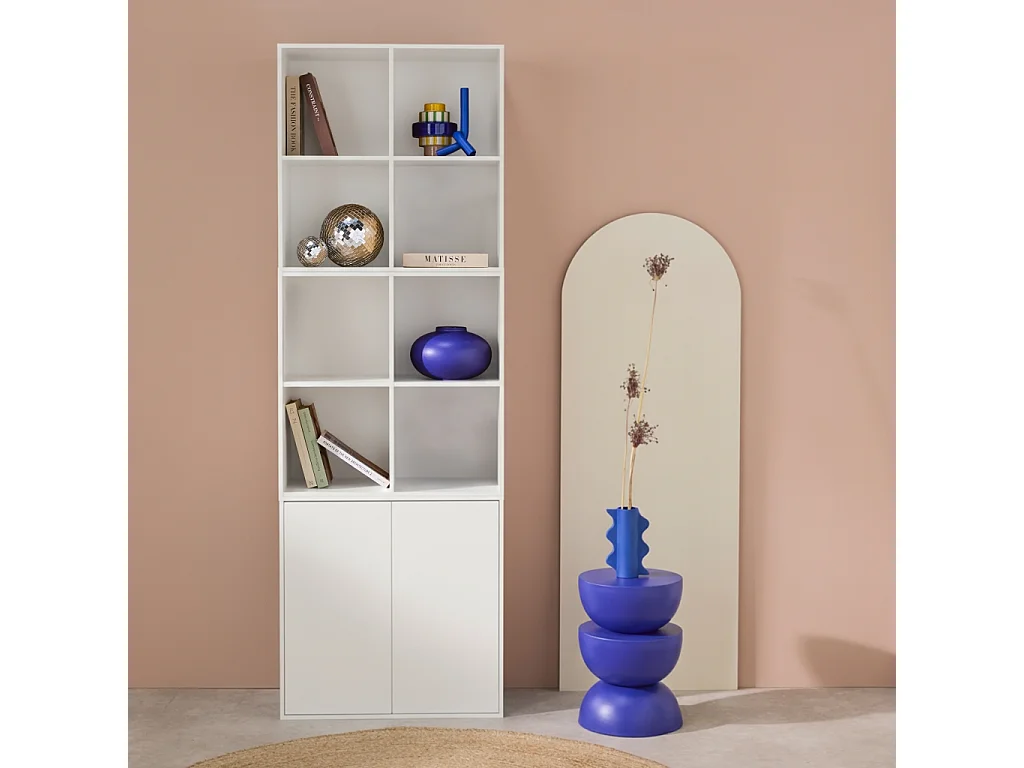 Etagère. bibliothèque modulable décor bois blanc 3 éléments - 2 portes 8 niches L 70 x P 35 x H 210cm - Kompo