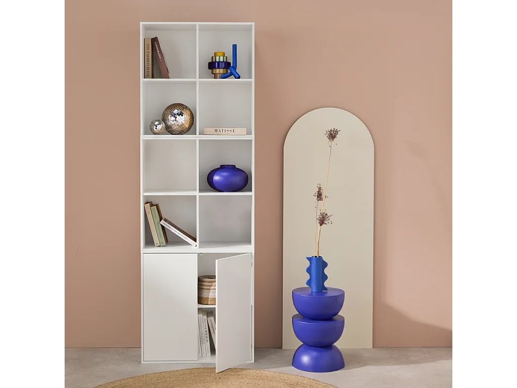 Etagère. bibliothèque modulable décor bois blanc 3 éléments - 2 portes 8 niches L 70 x P 35 x H 210cm - Kompo