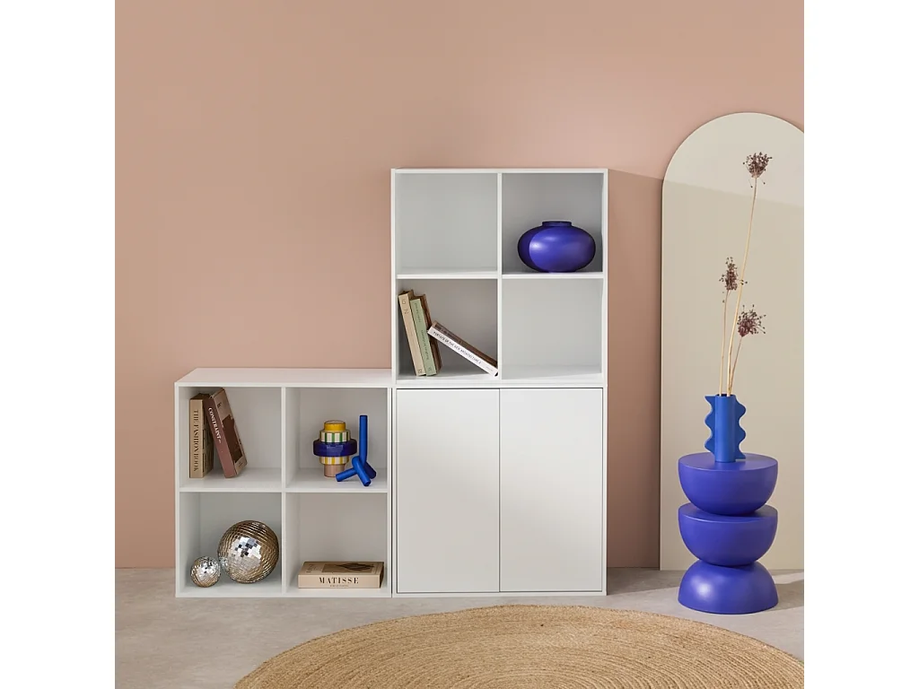 Etagère. bibliothèque modulable décor bois blanc 3 éléments - 2 portes 8 niches L 70 x P 35 x H 210cm - Kompo