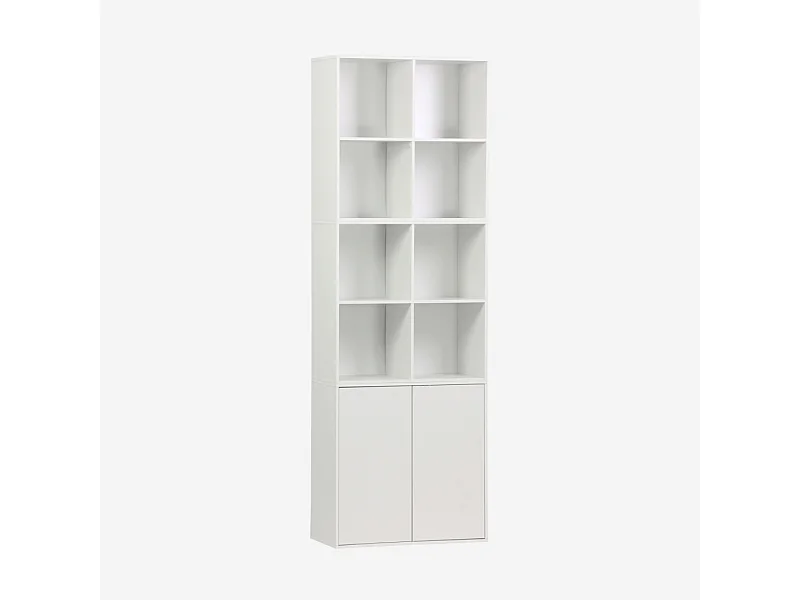 Etagère. bibliothèque modulable décor bois blanc 3 éléments - 2 portes 8 niches L 70 x P 35 x H 210cm - Kompo