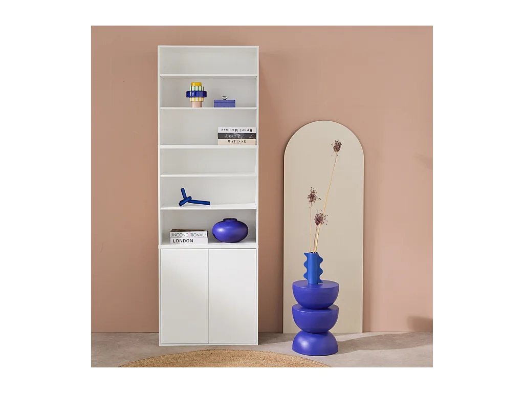 Etagère. bibliothèque modulable décor bois blanc 3 éléments - 2 portes 5 étagères L 70 x P 35 x H 210cm - Kompo